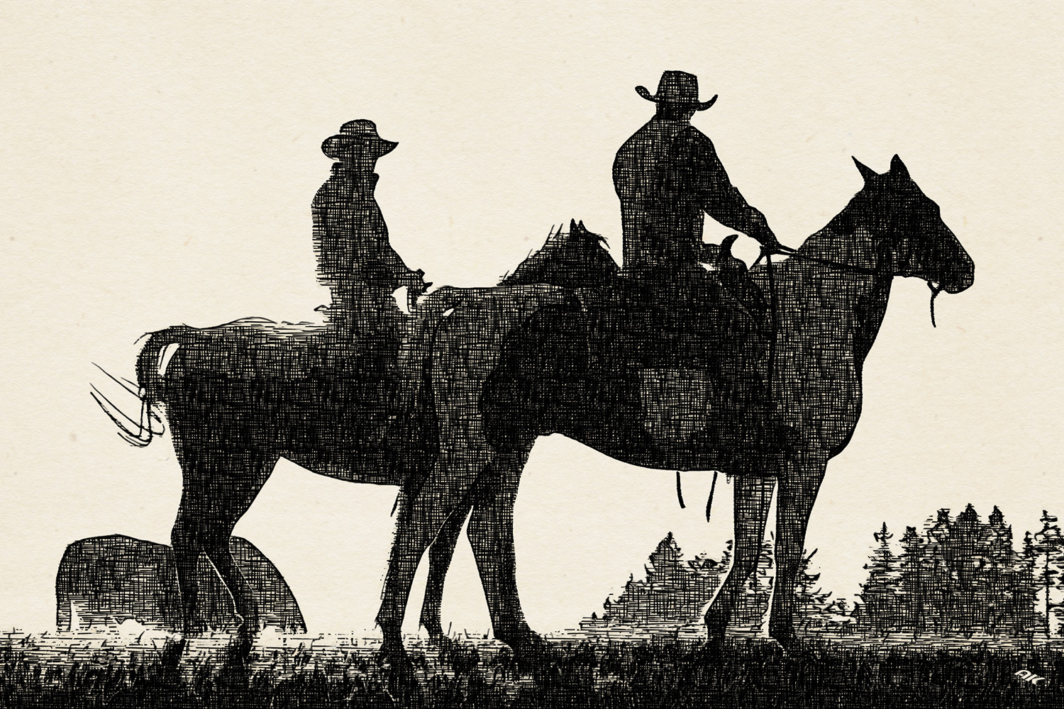 Two cowboys riding on horseback in a Prairie landscape at sunset.