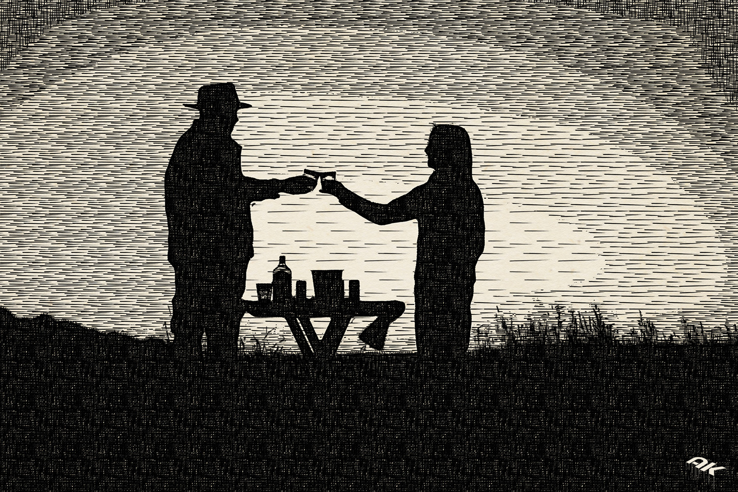 Guests at Wolwedans at sunset. Silhouette of two people, a couple, raising glasses in a romantic toast in NamibRand Nature Reserve, Namibia.