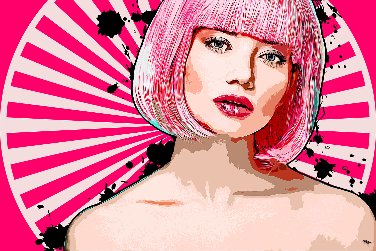 attractive young woman with pink bob cut and stylish makeup look