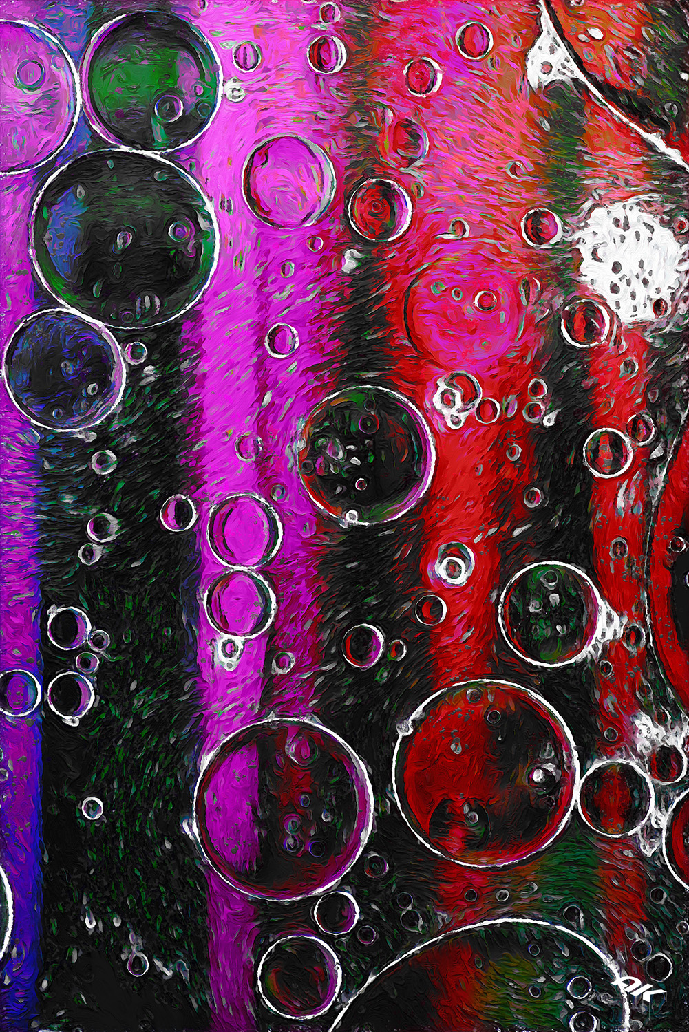 Pink and purple abstract pattern made with oil bubbles on water coming up in motion