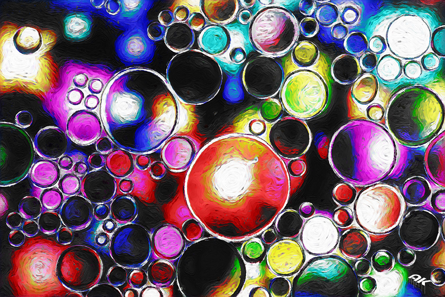 bright oil bubbles in water with abstract pattern